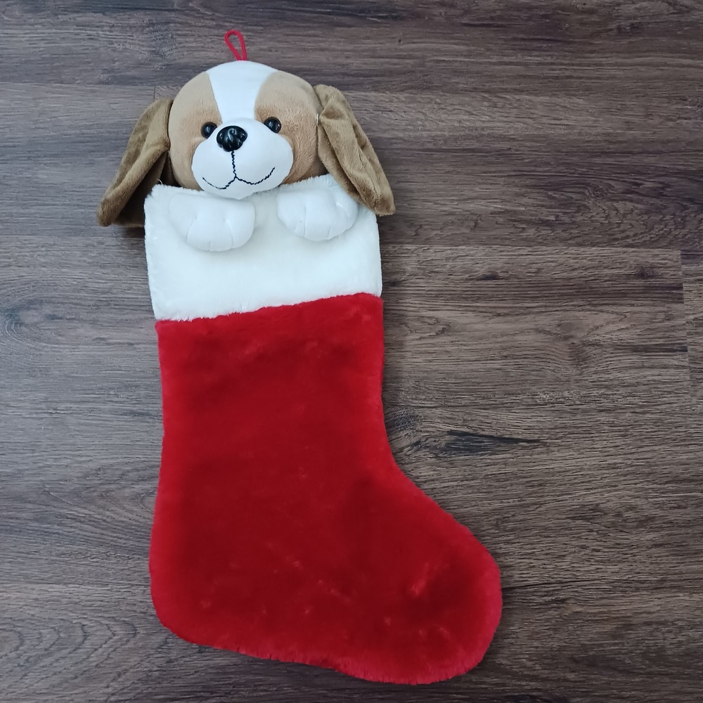 Prima Creations Plush Puppy Dog Christmas Stocking Red White Faux Fur 3D Beagle